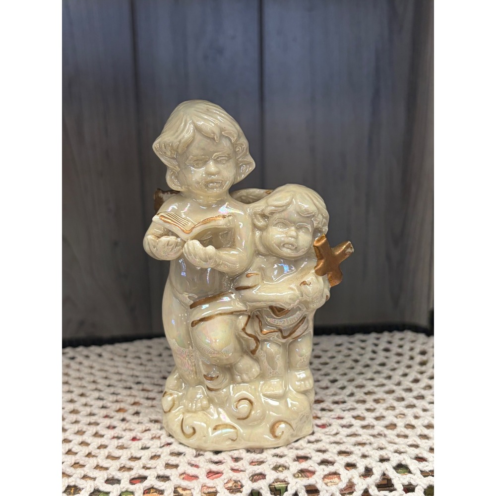 Vintage Ks Collection Iridescent Ceramic Angel Cherub Figurine Gold Trim 5.5in